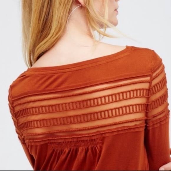 Free People Brown/Orange Mesh Hi-Low Long Sleeve Top - Picture 2 of 6